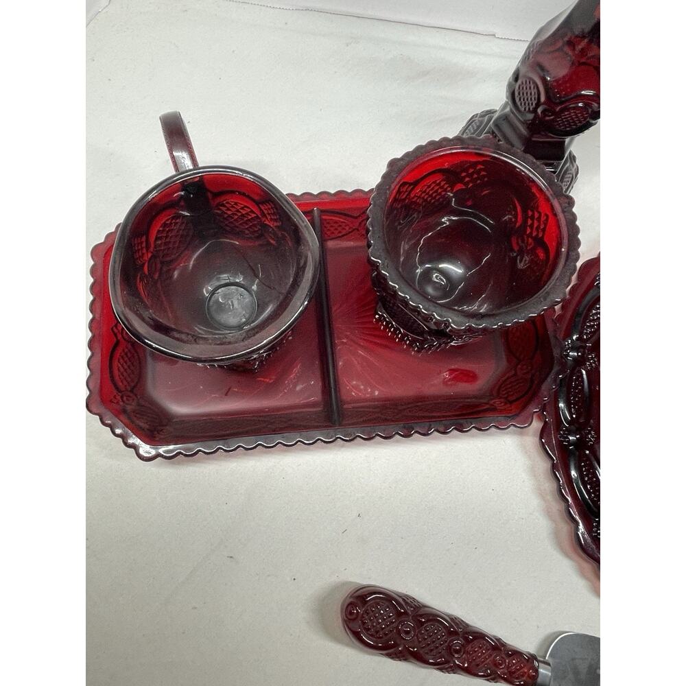 Avon Dark Red Embossed Glassware Set Plates Cups Candle Holder Pie Server - Picture 2 of 8